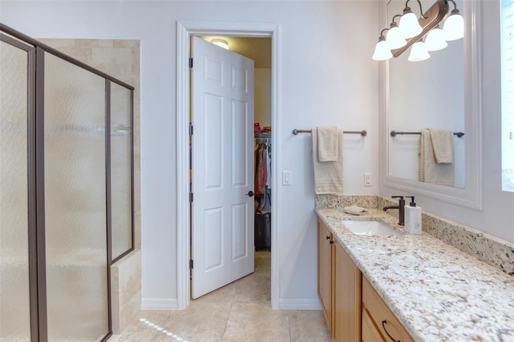 Beyond the bath is a large walk-in closet, there's a step in shower with hammered glass and bronze surround