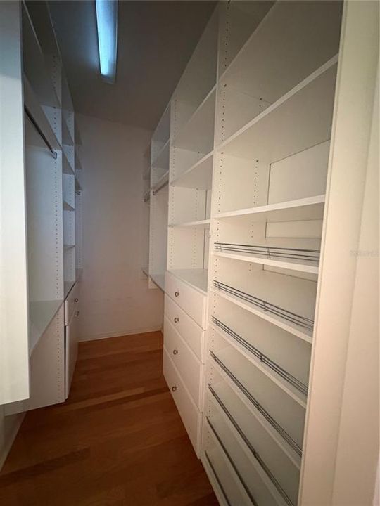 Organizers in larger closet off bath