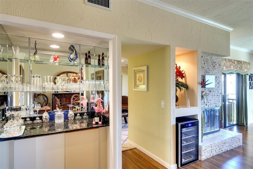 Dry bar and wine refrigerator.