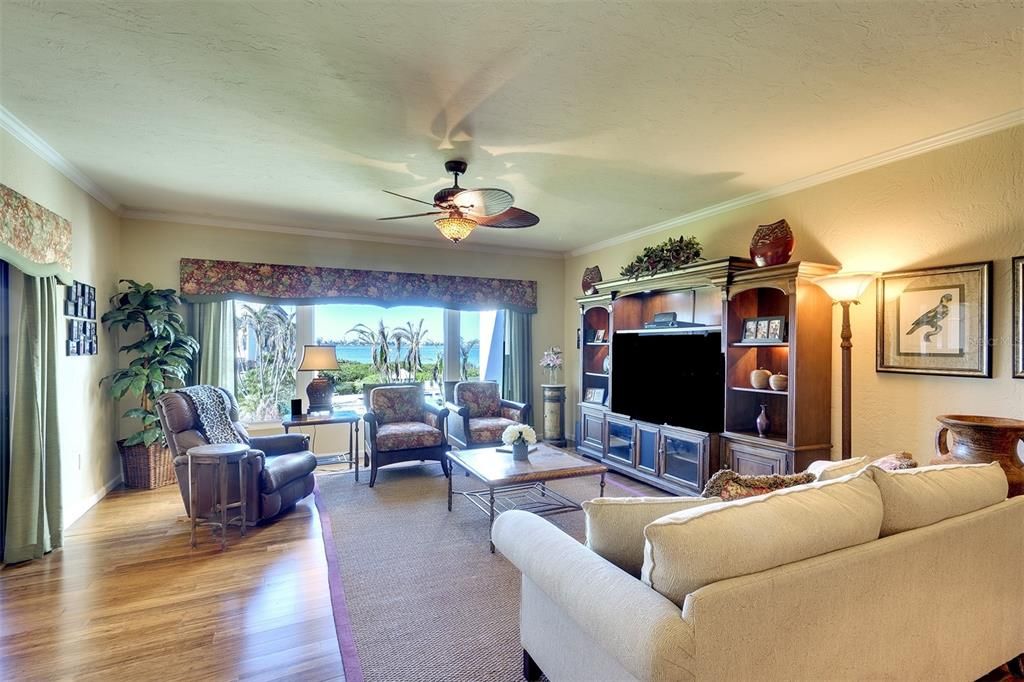 Living room with gorgeous bay views.