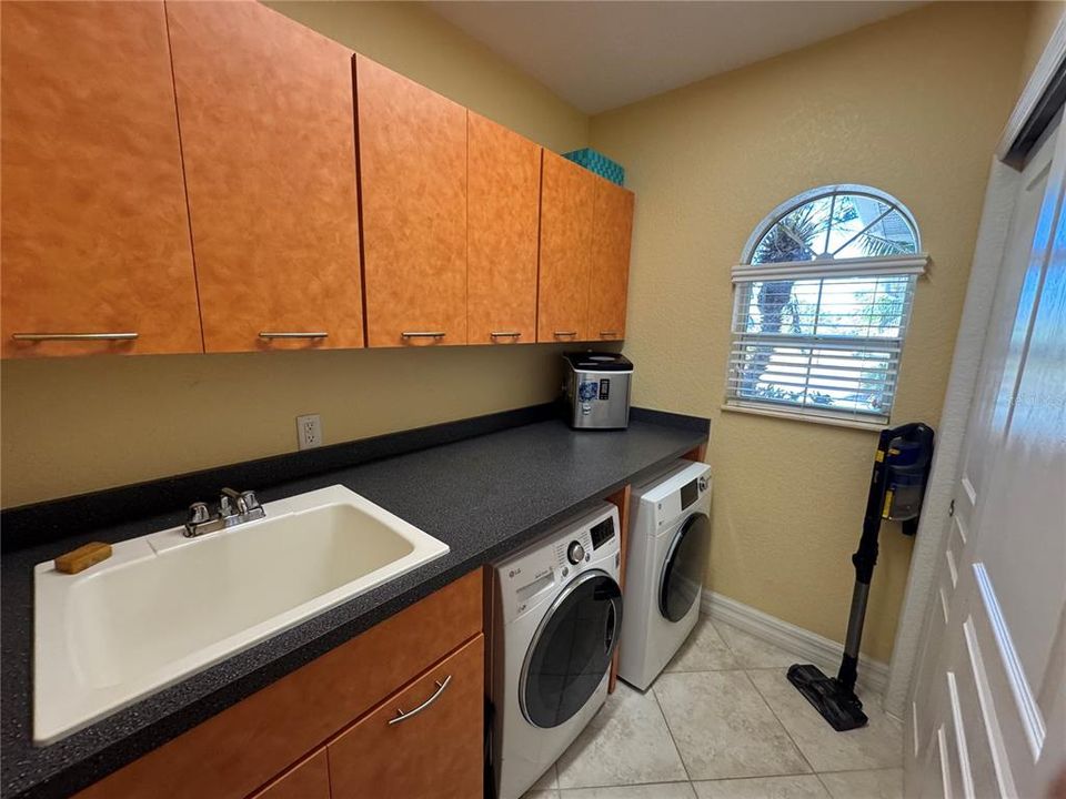 Large laundry room with closet, storage cabinets and sink