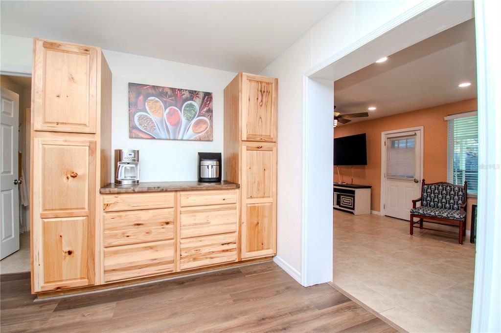 Newly installed cabinets, can be used as a coffee station or pantry.