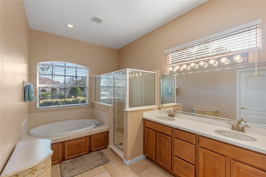 Primary bathroom. Double vanity. Separate shower and tub.