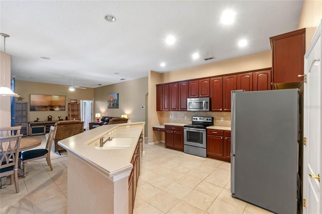 Kitchen has plenty of storage space.