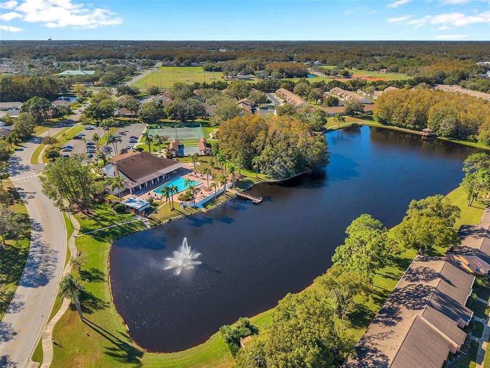 Aerial view showing the lake behind the Clubhouse