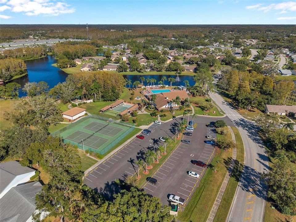 Aerial view of Heritage Lake clubhouse including the tennis/pickleball courts, shuffleboard/bocce courts and pool