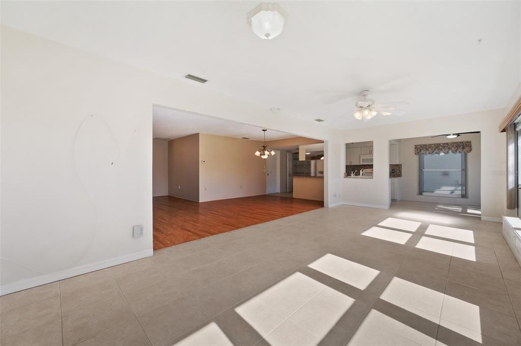 View from family room toward dining room and kitchen