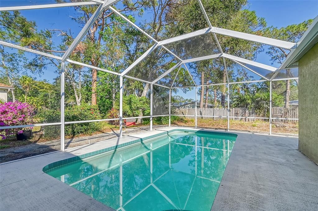 Mature trees and a fence enhance the privacy of the pool