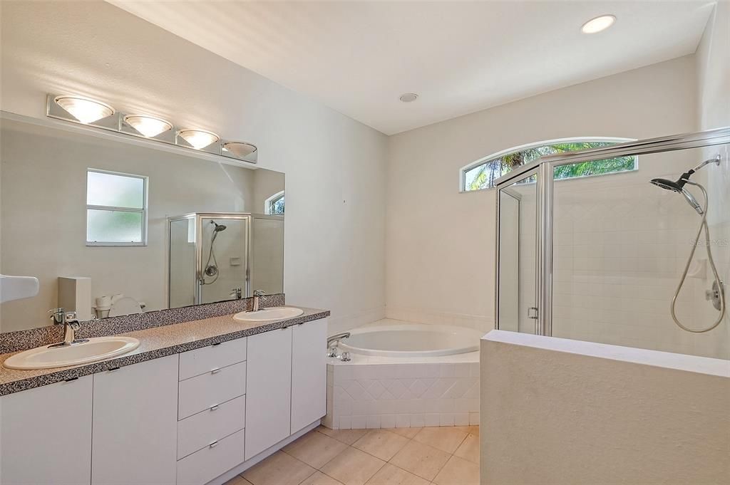 Primary bath with double vanity, garden tub and walk-in shower