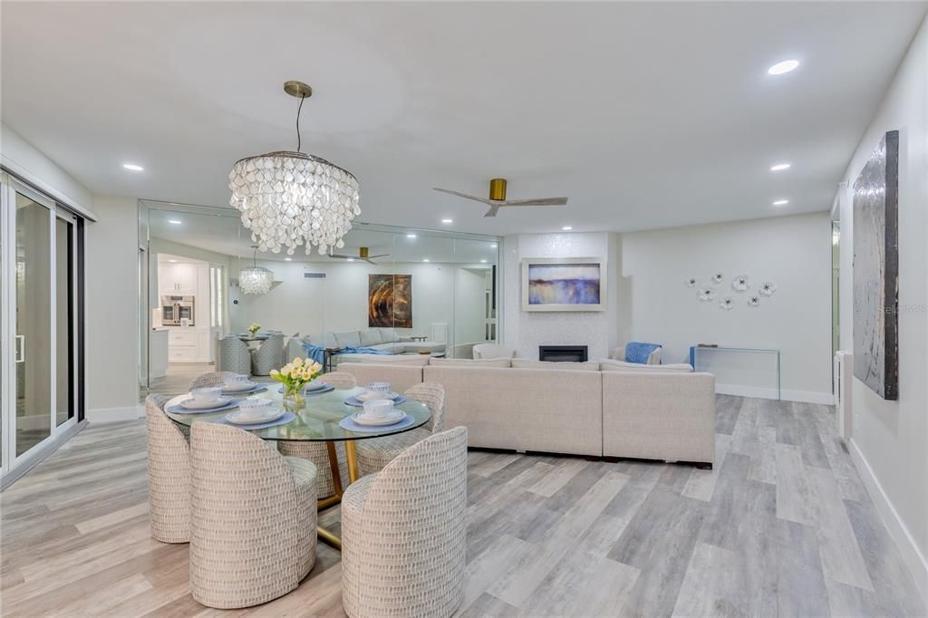 A view of the main living and dining areas from the kitchen.