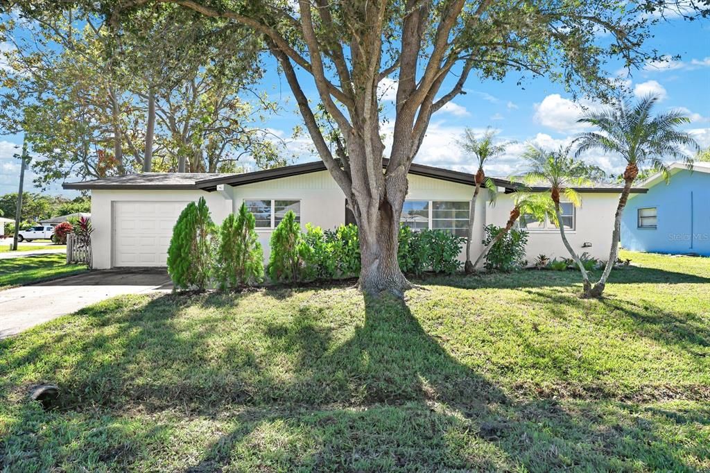 Single story home featuring a front lawn and a garage