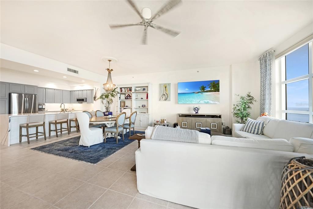 Large open floor plan of the kitchen, dining  area, and living room.