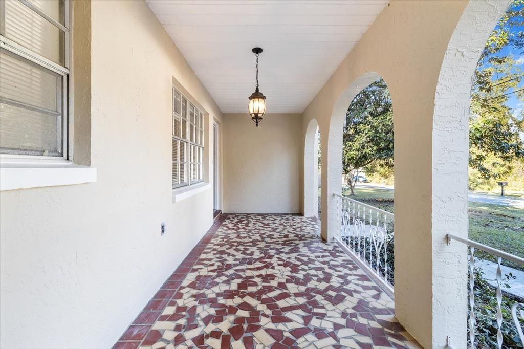 Covered front Porch with Retro "Broken Tile" Flooring