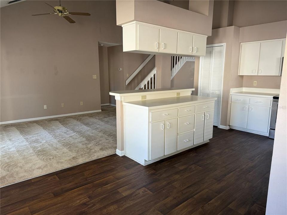 Kitchen overlooking family room and plenty of cabinet space