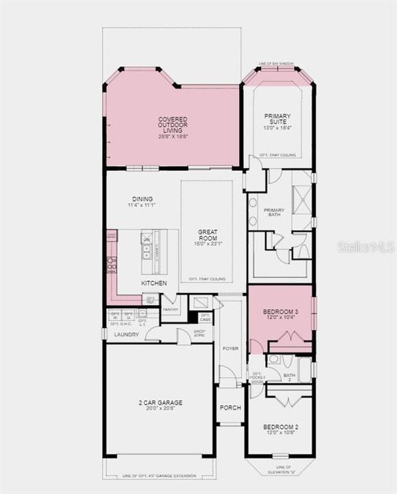 Floor Plan - Structural options added include: bay window in the primary bedroom, gourmet kitchen, 3rd bedroom in place of flex room, extended covered outdoor patio, and outdoor kitchen rough-in