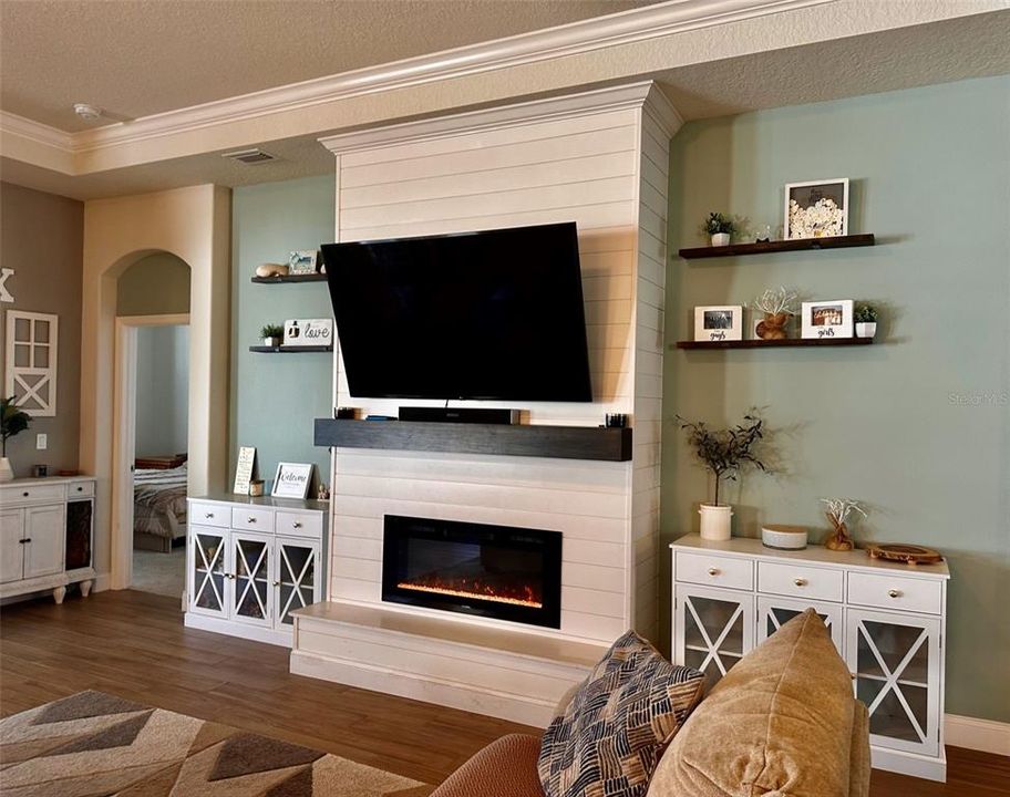 Electric Fireplace with shiplap.