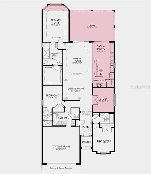 Floor Plan - Structural options added include: bay window in primary bedroom, study, gourmet kitchen, casual dining area in the kitchen, and an extended covered patio.