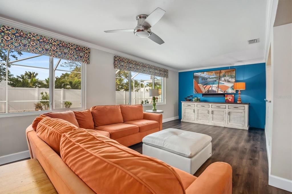 Family room overlooking the pool