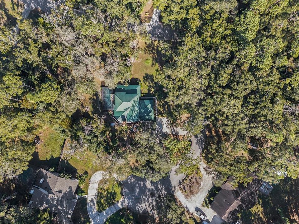 An aerial view showcases the expansive property and the home's serene setting amongst the trees.