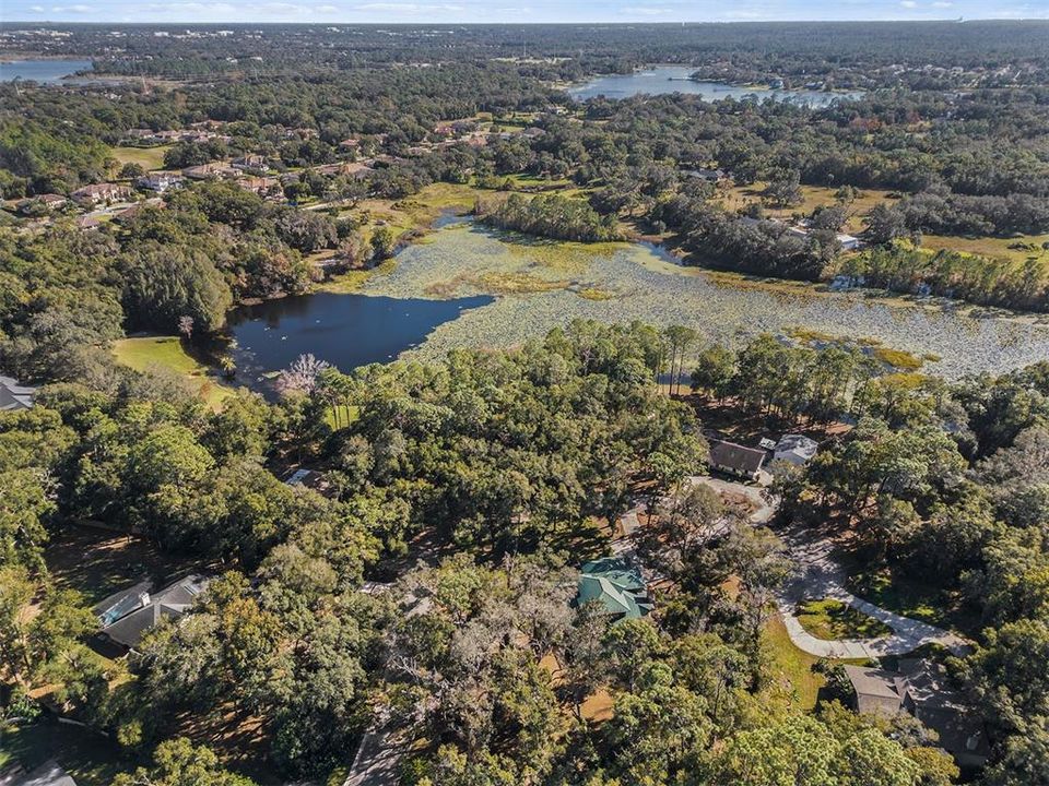 This bird's-eye view captures the home's secluded setting within the community, surrounded by lush greenery and mature trees.