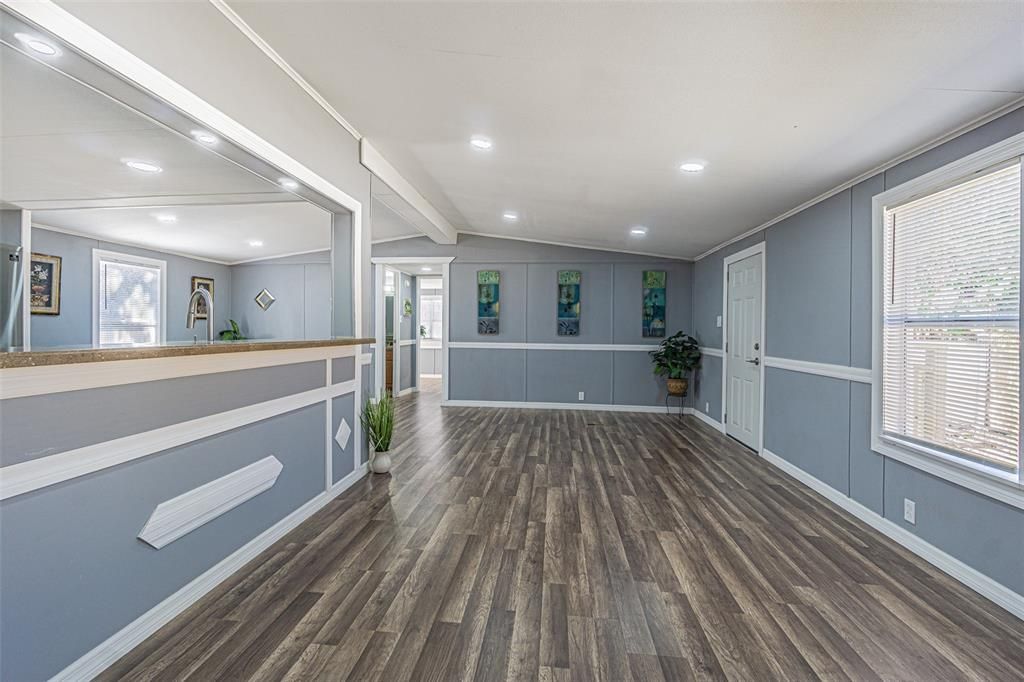 Breakfast bar and living room