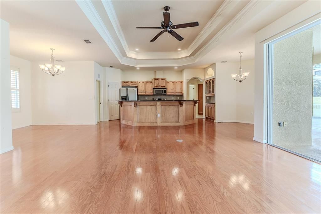 Living Room to Kitchen with Double Trey Ceiling