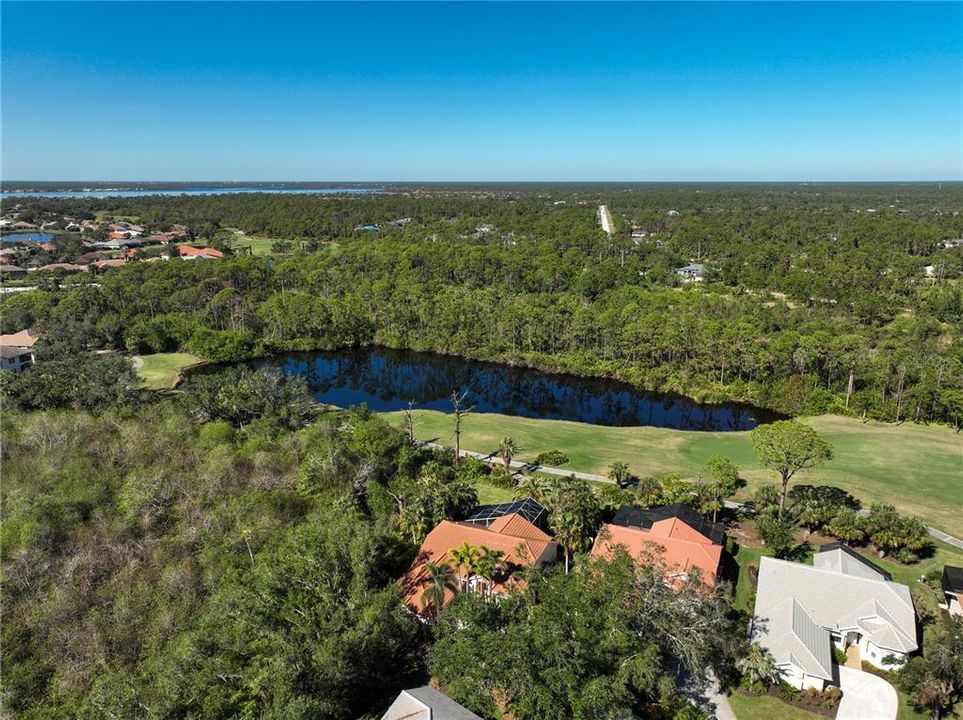 Aerial View with golf course and lake and preserve area to left of house