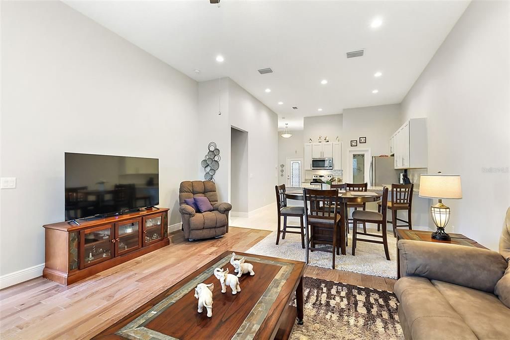 Open concept layout of Kitchen, Dining Room and Living Room