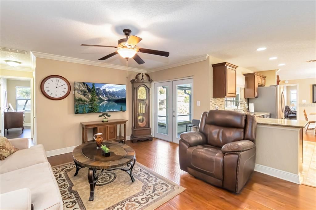 Family room with French doors leading to the patio.