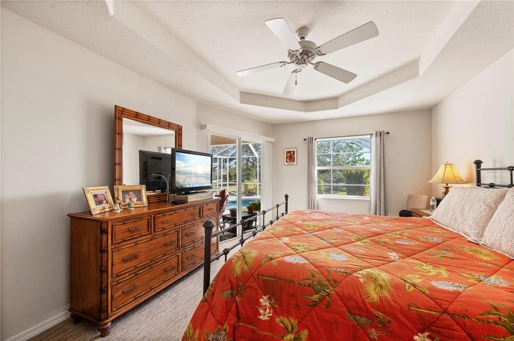 Lovely tray ceiling detail with ceiling fan