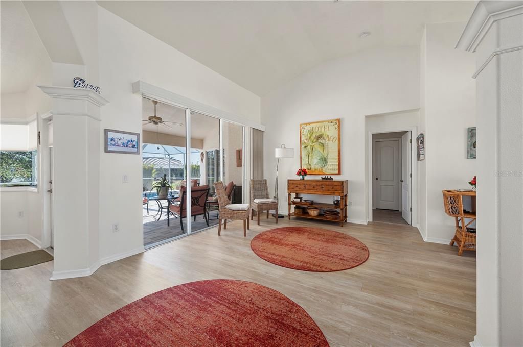 oaring high ceilings and new flooring in Living Room