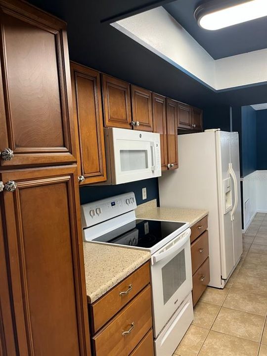 Kitchen has plenty of storage space.