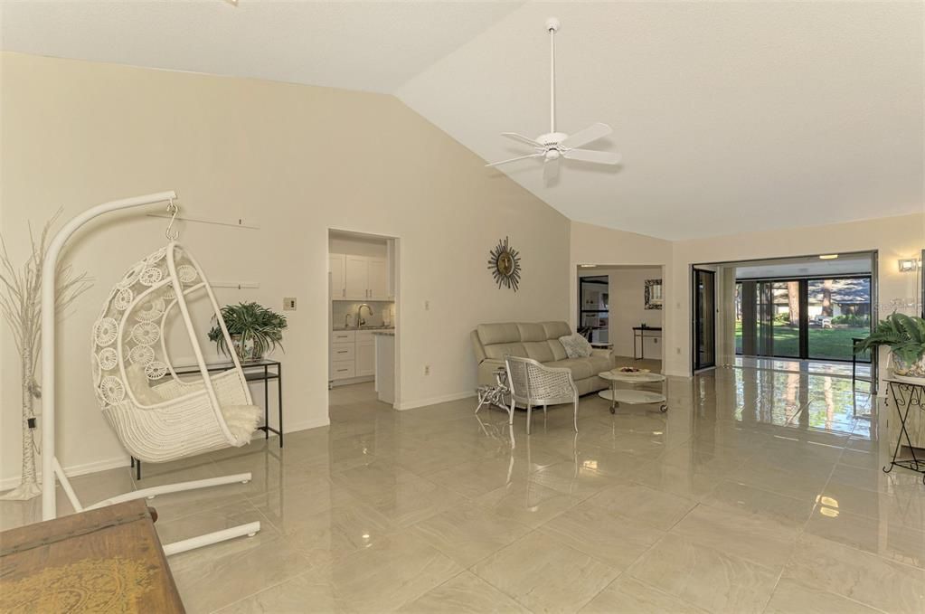 Great room view with vaulted ceilings