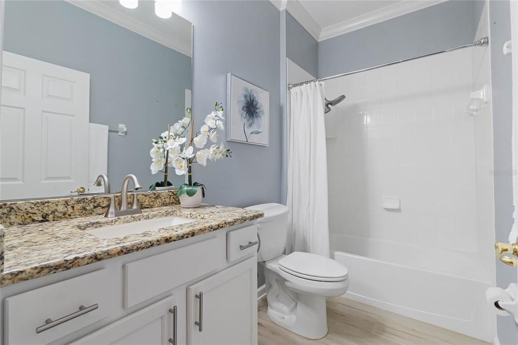 Guest Bathroom w/ granite vanity, tub w/ shower & crown molding