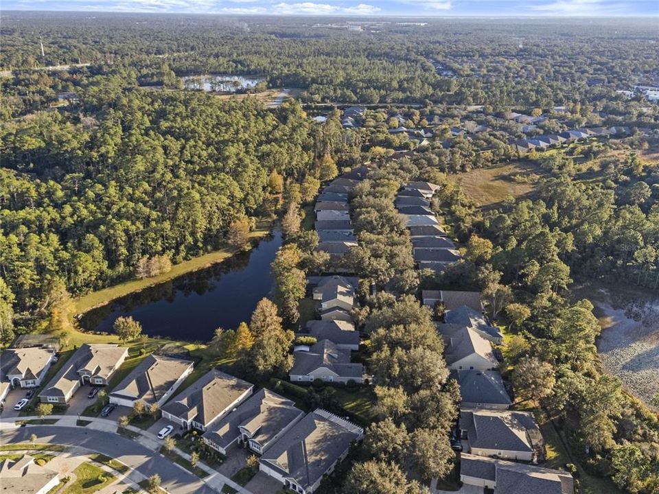 Aerial view of the surrounding neighborhood area & pond behind home