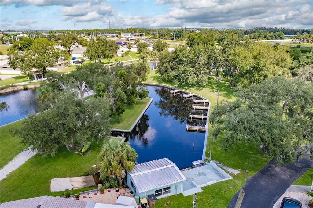 Aerial of clubhouse and marina