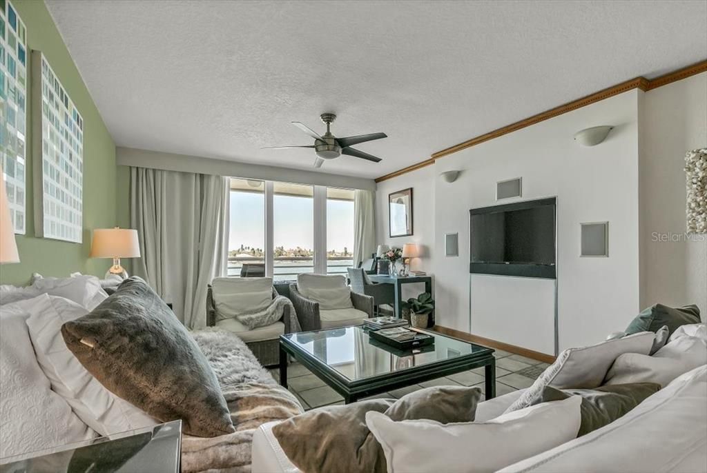 Living room with built in TV  & speaker system.