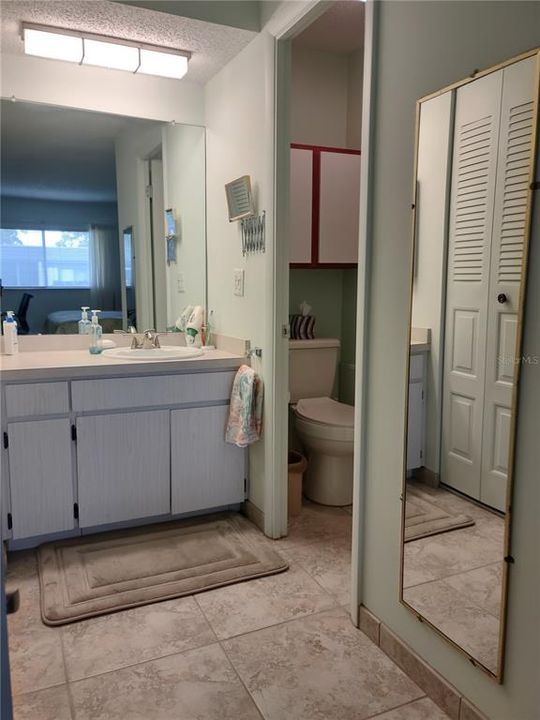 Vanity area is separate from private wet room with shower & commode.