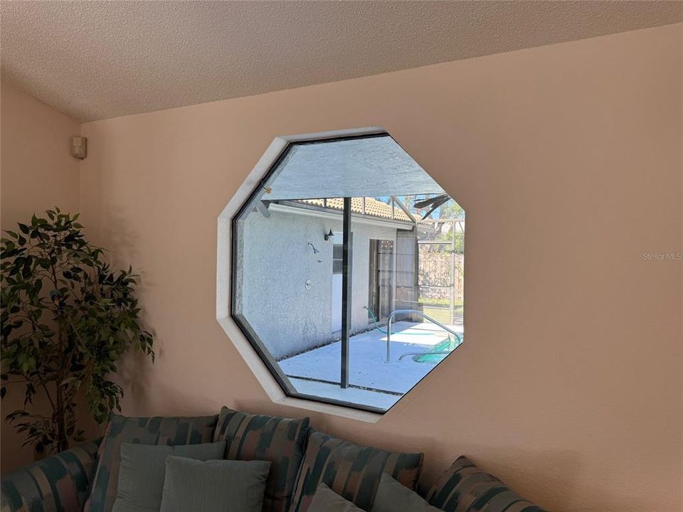 Octagon Window in Living Room overlooking the Pool Area