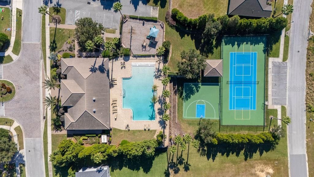 CLUBHOUSE, COMMUNITY POOL, TENNIS COURTS, BASKETBALL COURT, AND PLAYGROUND DRONE