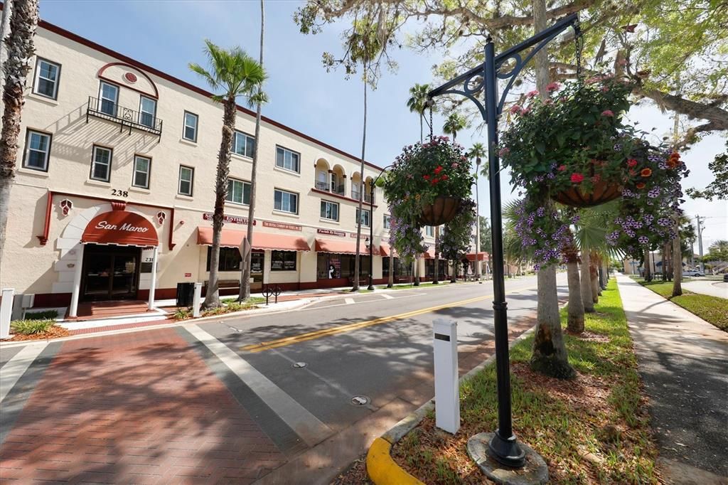 Venice Avenue is adorned with beautiful flower baskets