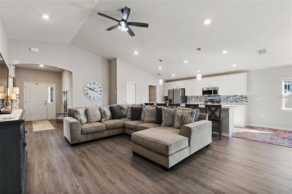 Cathedral ceiling in central open living area