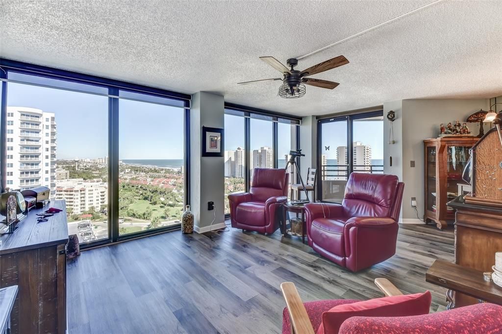 Living room features Ocean and River Views