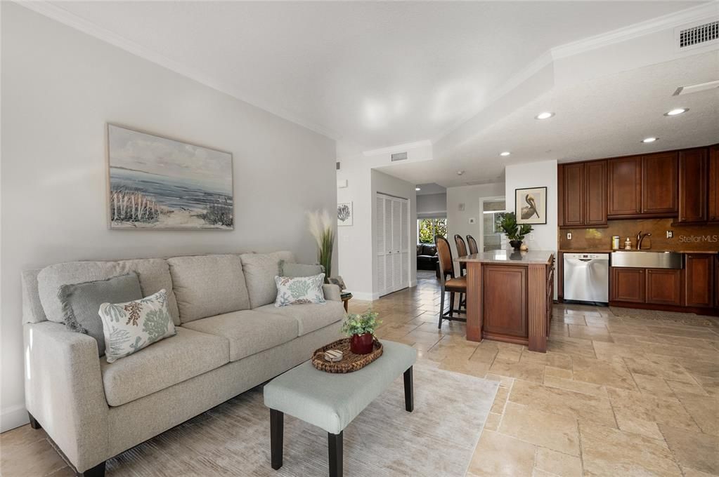 Living room off of kitchen and dining room