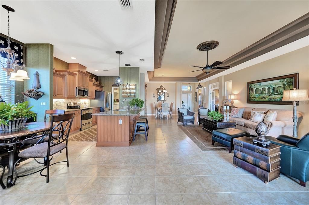 Living room showing off space and tray ceilings in living room