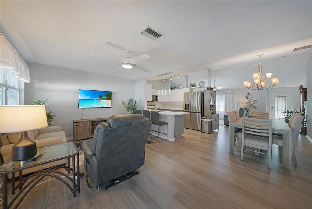 Living room, dining room and kitchen all beautifully laid out for open space feel