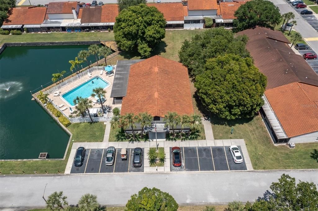 Clubhouse, inside are mailboxes and a party room, and the large pool which is on left side