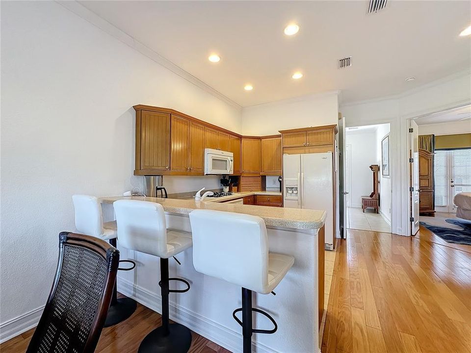 This view shows the entry way, kitchen with the breakfast bar, and the downstairs bedroom.