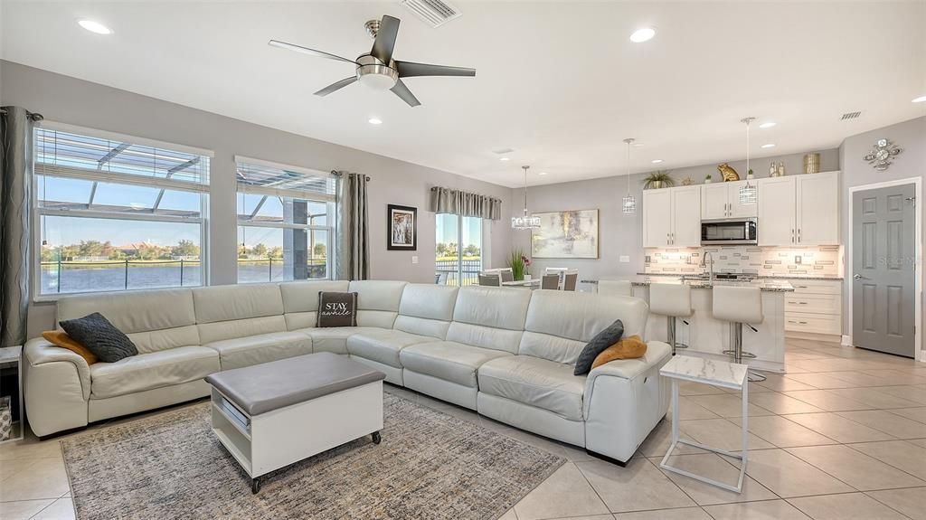 Full view of living room and kitchen