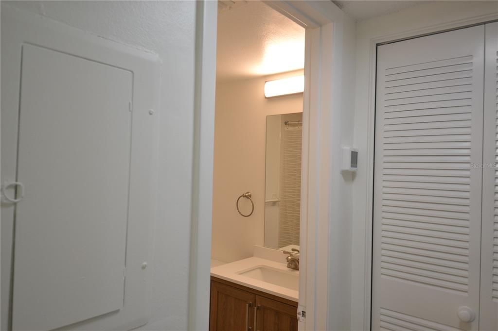 Guest bathroom and AC closet in hallway